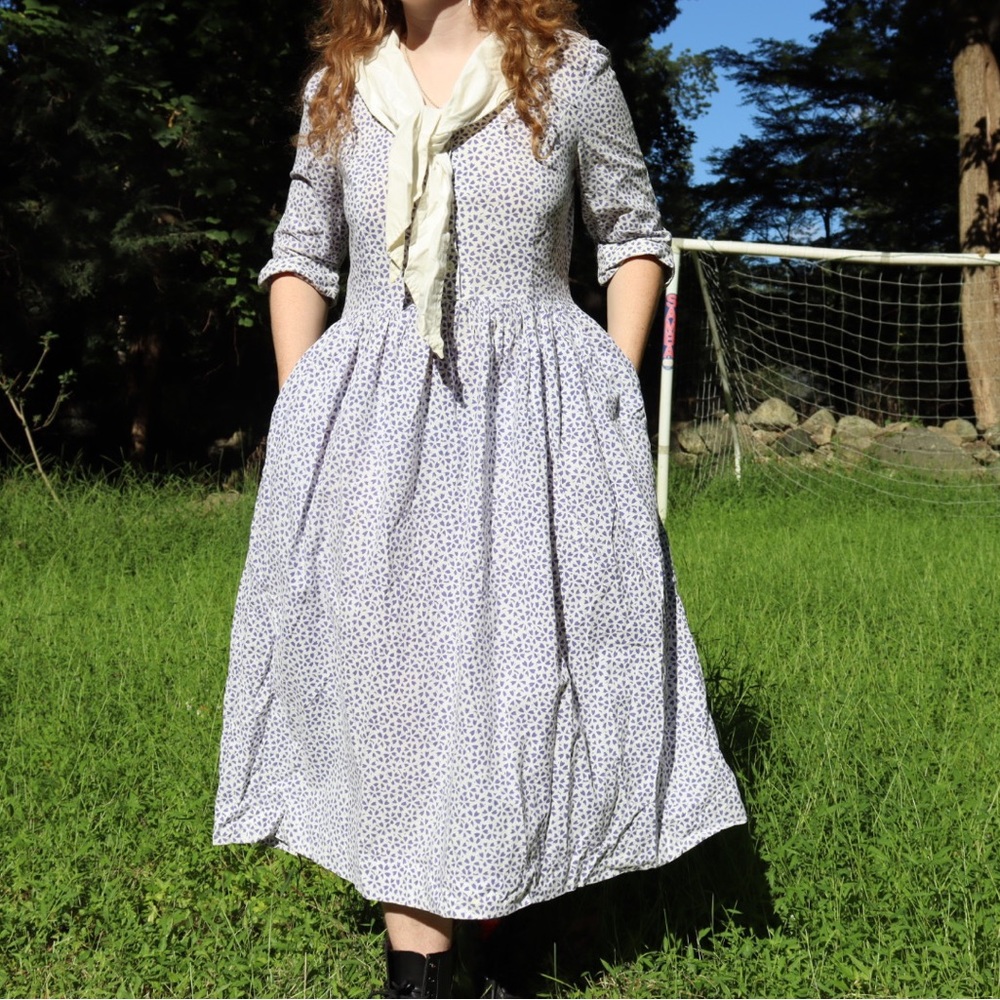 Vintage 1980s Laura Ashley Dress With Purple Floral Pattern and Sailor Ties